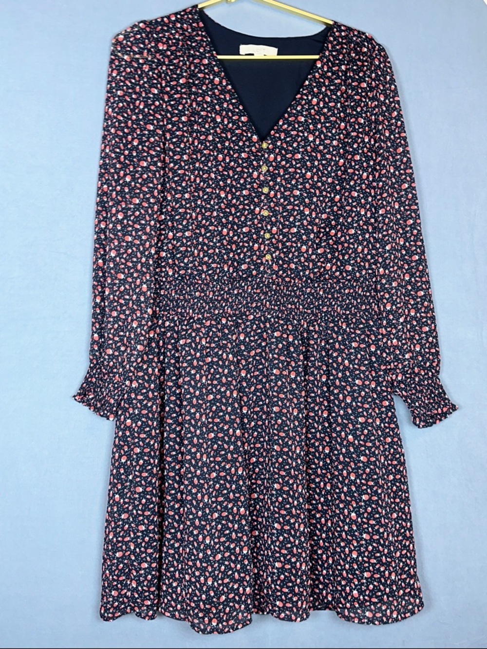 LOFT Ladybug Print Midi Dress Womens XL Tall Navy Textured Work Casual
